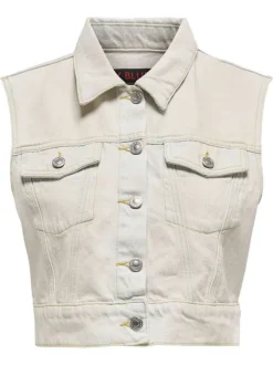 Veste en jean sans manches en coton bleue stone avec un col à revers