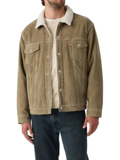 Veste en velours côtelé camel en coton avec un col sherpa et une coupe droite