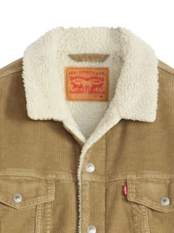 Veste en velours côtelé camel en coton avec un col sherpa et une coupe droite