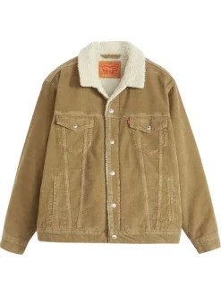 Veste en velours côtelé camel en coton avec un col sherpa et une coupe droite
