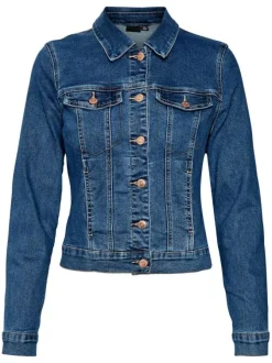 Veste indigo en jean avec une coupe droite col français et à manches longues