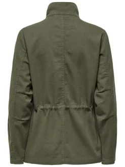 Veste kaki unie avec une coupe mi-longue un col montant et des strass