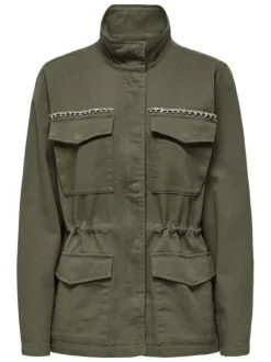 Veste kaki unie avec une coupe mi-longue un col montant et des strass