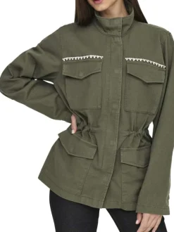 Veste kaki unie avec une coupe mi-longue un col montant et des strass