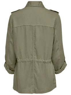 Veste kaki unie resserrée à la taille à coupe mi-longue avec un col à revers
