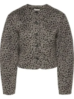 Veste léopard courte en maille douce avec un col rond et des manches amples