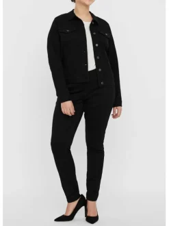 Veste noire en jean avec une coupe droite col français et à manches longues