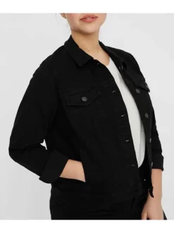 Veste noire en jean avec une coupe droite col français et à manches longues