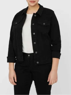 Veste noire en jean avec une coupe droite col français et à manches longues