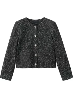 Veste noire en maille jaspée avec une coupe droite et un col rond