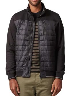 Veste noire zippée bi-matière coupe droite avec un col montant