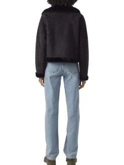 Veste noir uni à coupe droite avec un col à rabats et des manches longues