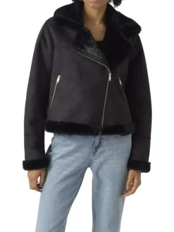 Veste noir uni à coupe droite avec un col à rabats et des manches longues