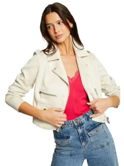Veste perfecto beige unie asymétrique avec une coupe droite et un col cranté