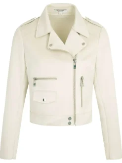 Veste perfecto beige unie asymétrique avec une coupe droite et un col cranté