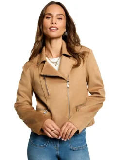 Veste perfecto beige unie avec une coupe droite et un col à revers