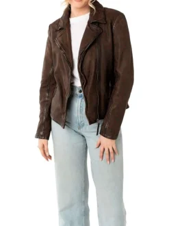 Veste perfecto brune en cuir de mouton avec motif léopard avec un col tailleur