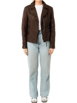 Veste perfecto brune en cuir de mouton avec motif léopard avec un col tailleur