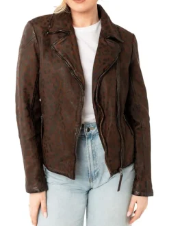 Veste perfecto brune en cuir de mouton avec motif léopard avec un col tailleur