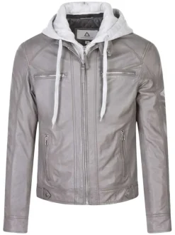 Veste perfecto à capuche en cuir grise unie avec une coupe droite