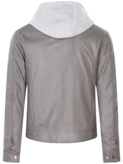 Veste perfecto à capuche en cuir grise unie avec une coupe droite