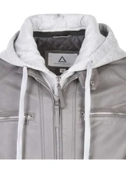 Veste perfecto à capuche en cuir grise unie avec une coupe droite
