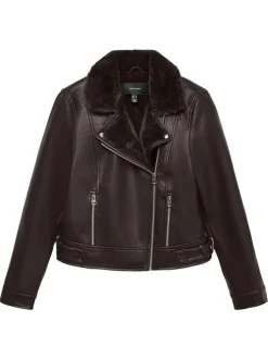 Veste perfecto chocolat uni avec fourrure synthétique et fermeture à glissière