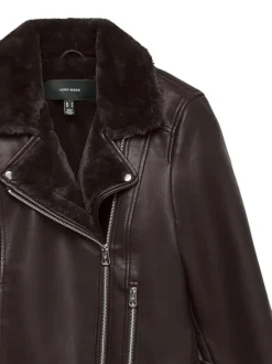 Veste perfecto chocolat uni avec fourrure synthétique et fermeture à glissière