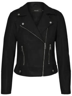 Veste perfecto courte noire unie avec une coupe ajustée et un col à revers