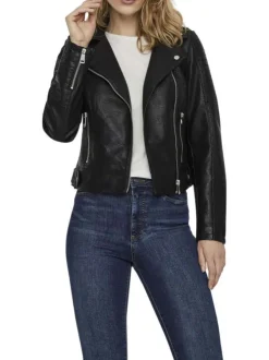 Veste perfecto courte noire unie avec une coupe ajustée et un col à revers