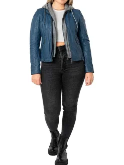 Veste perfecto en cuir de mouton bleue unie pourvue de poches zippées