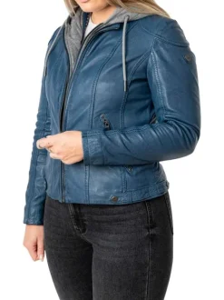 Veste perfecto en cuir de mouton bleue unie pourvue de poches zippées
