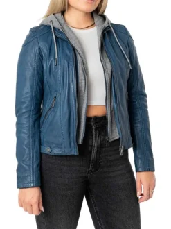 Veste perfecto en cuir de mouton bleue unie pourvue de poches zippées