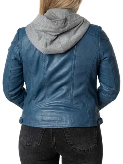 Veste perfecto en cuir de mouton bleue unie pourvue de poches zippées