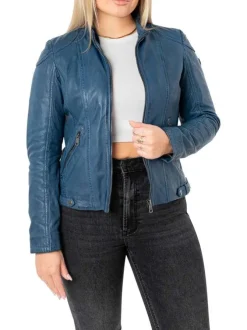 Veste perfecto en cuir de mouton bleue unie pourvue de poches zippées