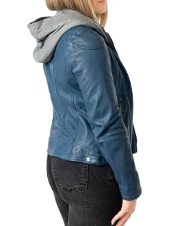 Veste perfecto en cuir de mouton bleue unie pourvue de poches zippées