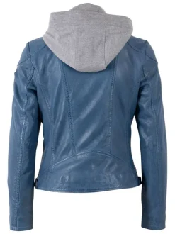 Veste perfecto en cuir de mouton bleue unie pourvue de poches zippées