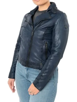 Veste perfecto en cuir de mouton bleue unie pourvue d'une coupe ajustée