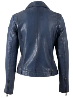 Veste perfecto en cuir de mouton bleue unie pourvue d'une coupe ajustée