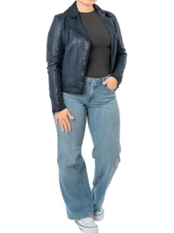 Veste perfecto en cuir de mouton bleue unie pourvue d'une coupe ajustée