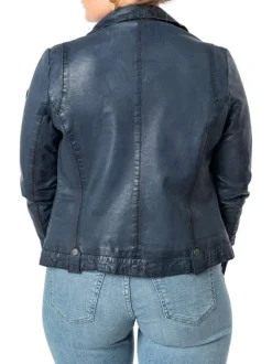 Veste perfecto en cuir de mouton bleue unie pourvue d'une coupe ajustée