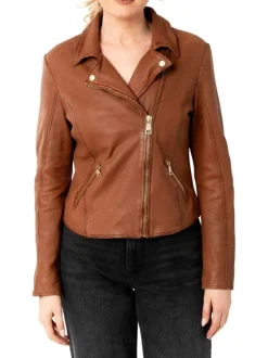 Veste perfecto en cuir de mouton camel avec une coupe droite et un col tailleur