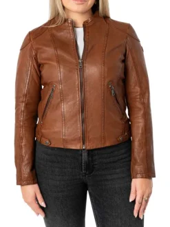 Veste perfecto en cuir de mouton camel unie pourvue de poches zippées