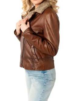 Veste perfecto en cuir de mouton caramel à coupe droite avec un col tailleur
