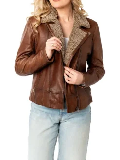 Veste perfecto en cuir de mouton caramel à coupe droite avec un col tailleur