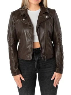 Veste perfecto en cuir de mouton marron unie pourvue d'une coupe ajustée