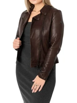 Veste perfecto en cuir de mouton marron unie pourvue d'une coupe ajustée