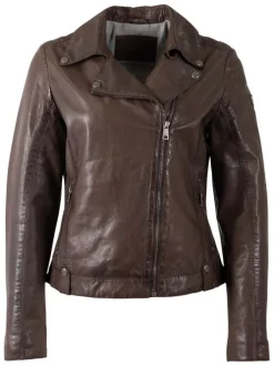 Veste perfecto en cuir de mouton marron unie pourvue d'une coupe ajustée