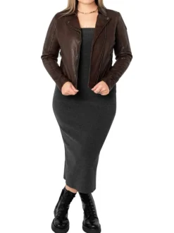 Veste perfecto en cuir de mouton marron unie pourvue d'une coupe ajustée