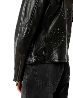 Veste perfecto en cuir de mouton noire avec une coupe ajustée et un col tailleur